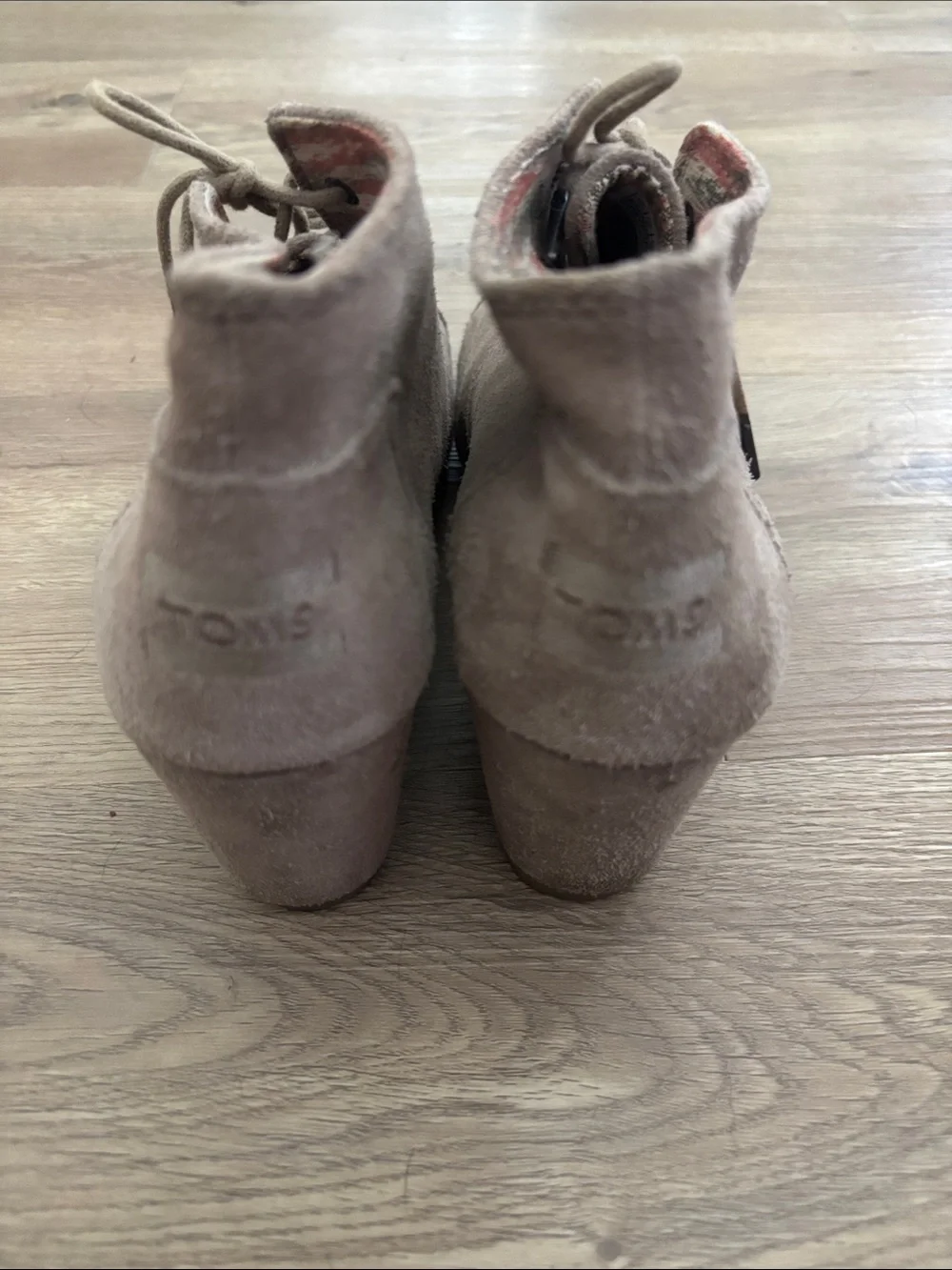 Toms Taupe Suede Lace-Up Booties with Striped Lining